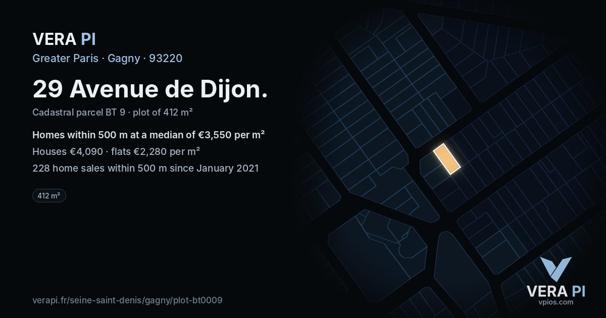 29 Avenue de Dijon, Gagny at night – the plot lit, the parcels around coloured by the prices near them