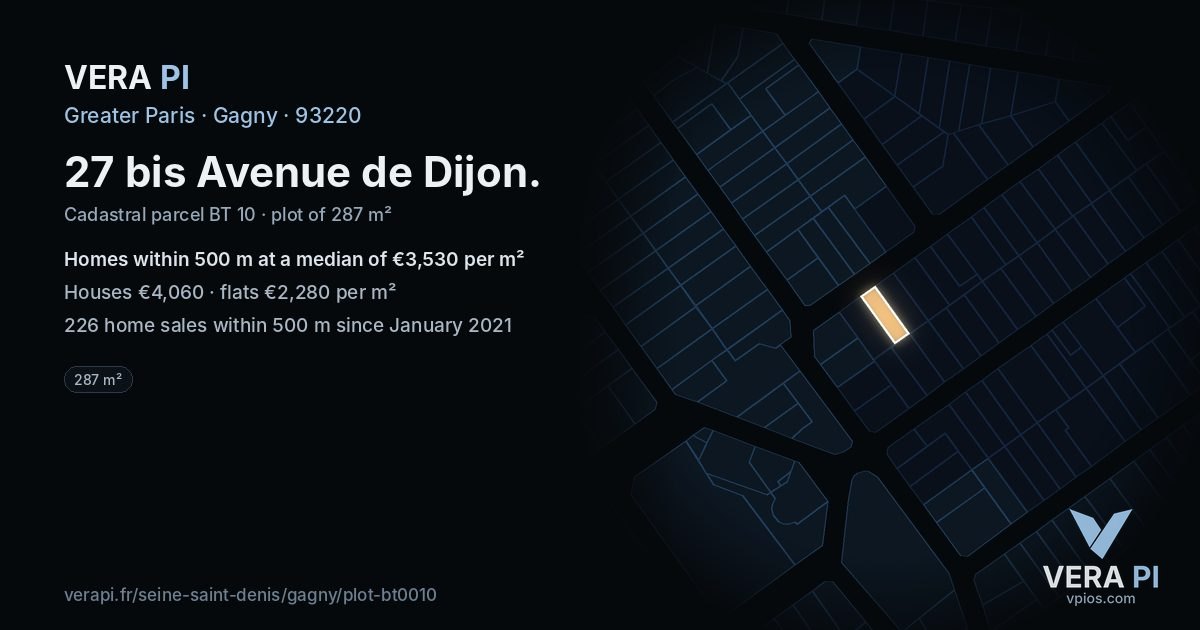 27 bis Avenue de Dijon, Gagny at night – the plot lit, the parcels around coloured by the prices near them