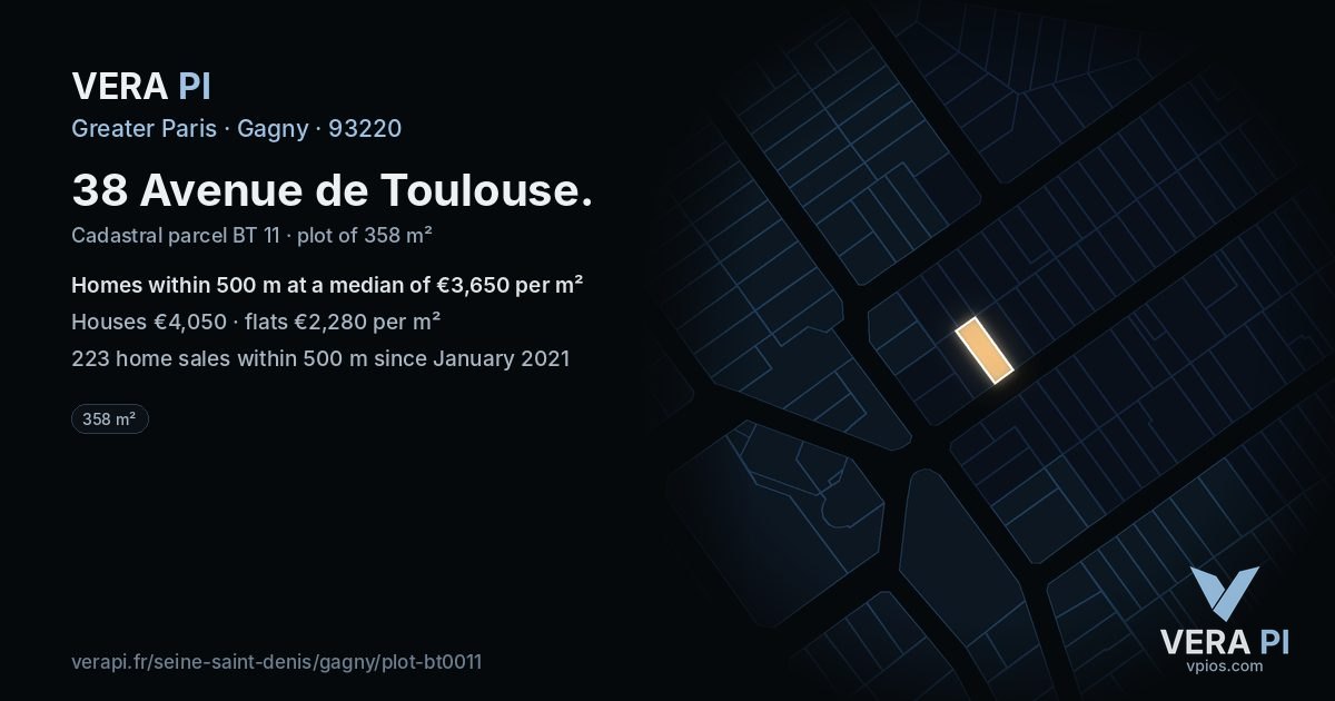 38 Avenue de Toulouse, Gagny at night – the plot lit, the parcels around coloured by the prices near them