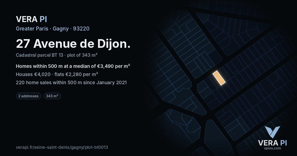 27 Avenue de Dijon, Gagny at night – the plot lit, the parcels around coloured by the prices near them