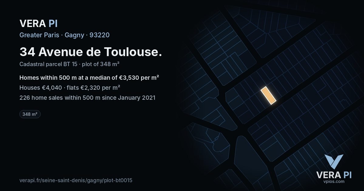 34 Avenue de Toulouse, Gagny at night – the plot lit, the parcels around coloured by the prices near them