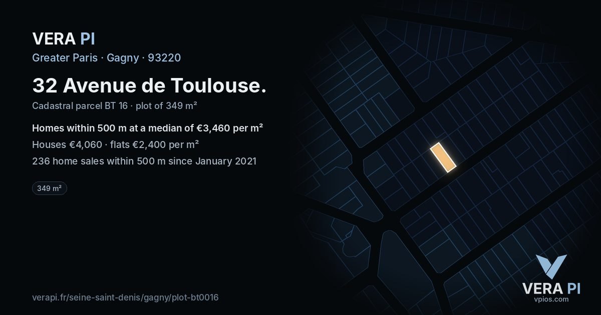 32 Avenue de Toulouse, Gagny at night – the plot lit, the parcels around coloured by the prices near them