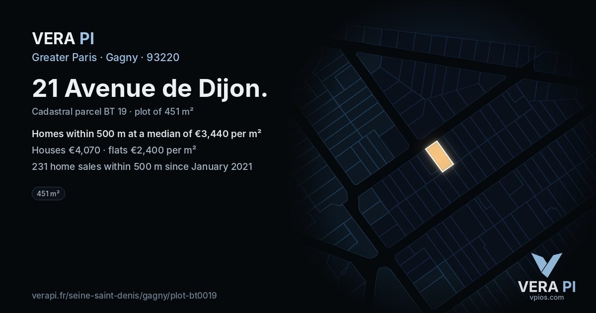 21 Avenue de Dijon, Gagny at night – the plot lit, the parcels around coloured by the prices near them
