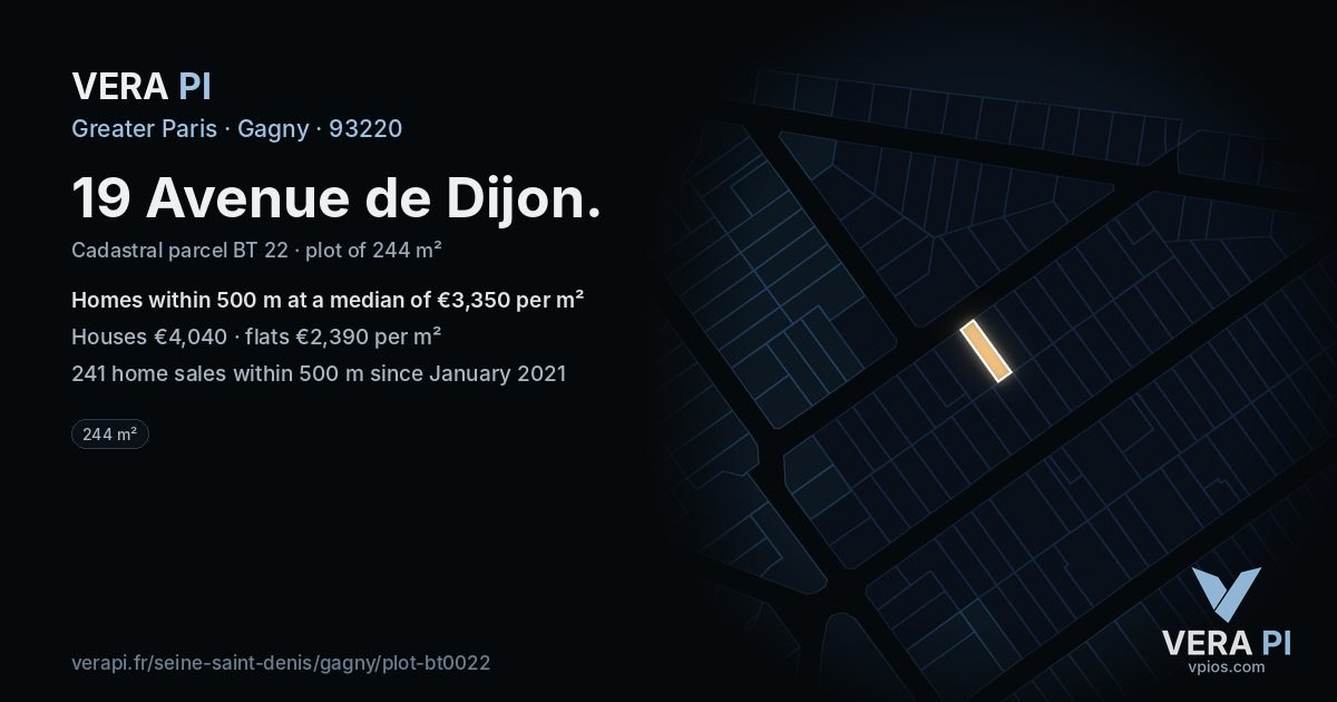 19 Avenue de Dijon, Gagny at night – the plot lit, the parcels around coloured by the prices near them