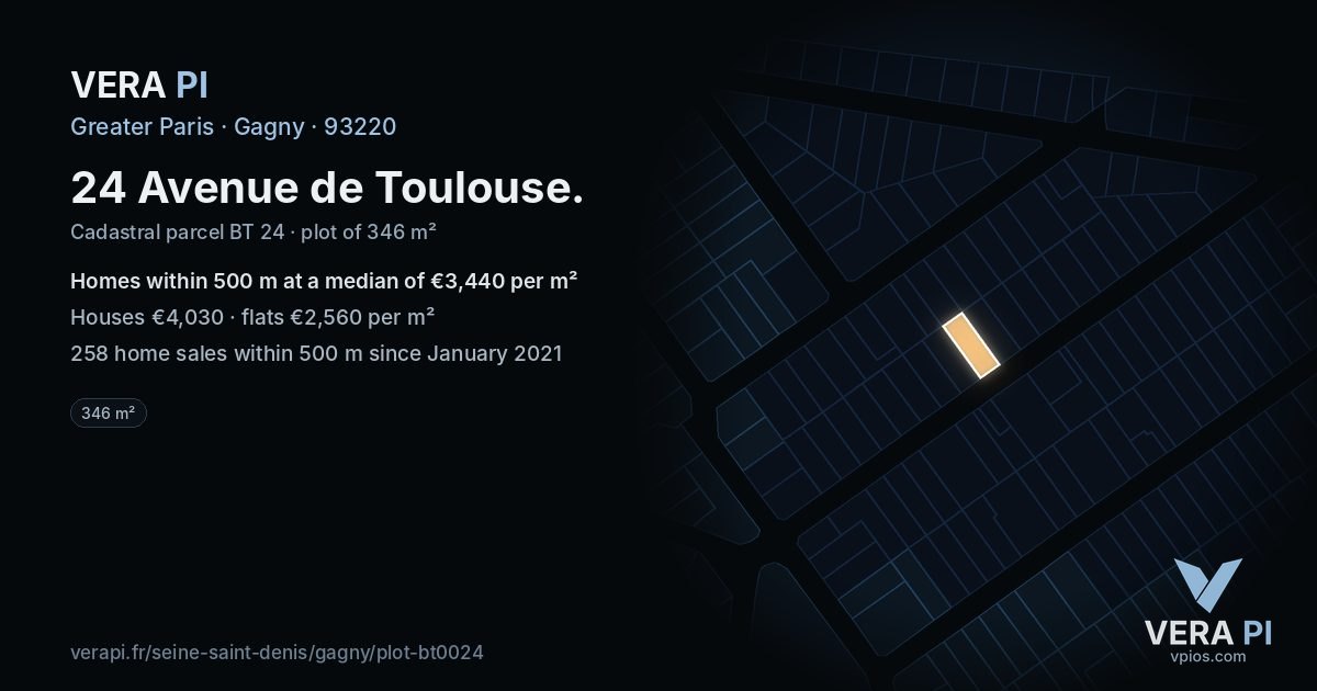 24 Avenue de Toulouse, Gagny at night – the plot lit, the parcels around coloured by the prices near them