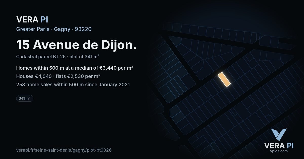 15 Avenue de Dijon, Gagny at night – the plot lit, the parcels around coloured by the prices near them