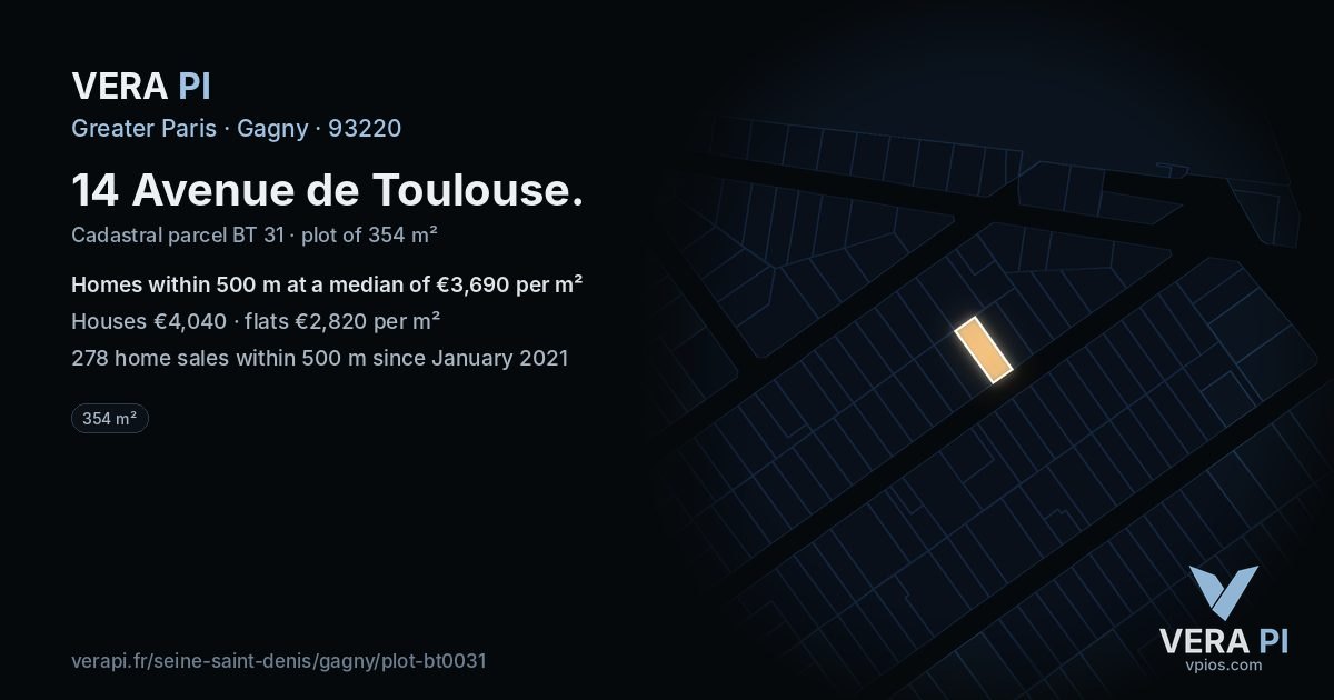 14 Avenue de Toulouse, Gagny at night – the plot lit, the parcels around coloured by the prices near them