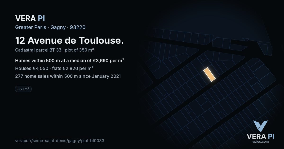 12 Avenue de Toulouse, Gagny at night – the plot lit, the parcels around coloured by the prices near them