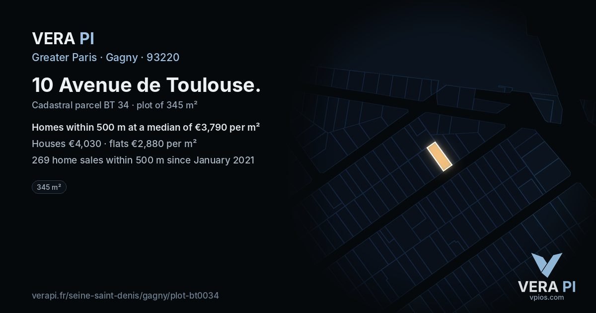 10 Avenue de Toulouse, Gagny at night – the plot lit, the parcels around coloured by the prices near them