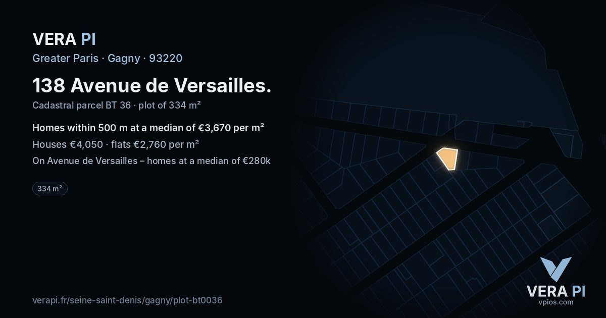 138 Avenue de Versailles, Gagny at night – the plot lit, the parcels around coloured by the prices near them