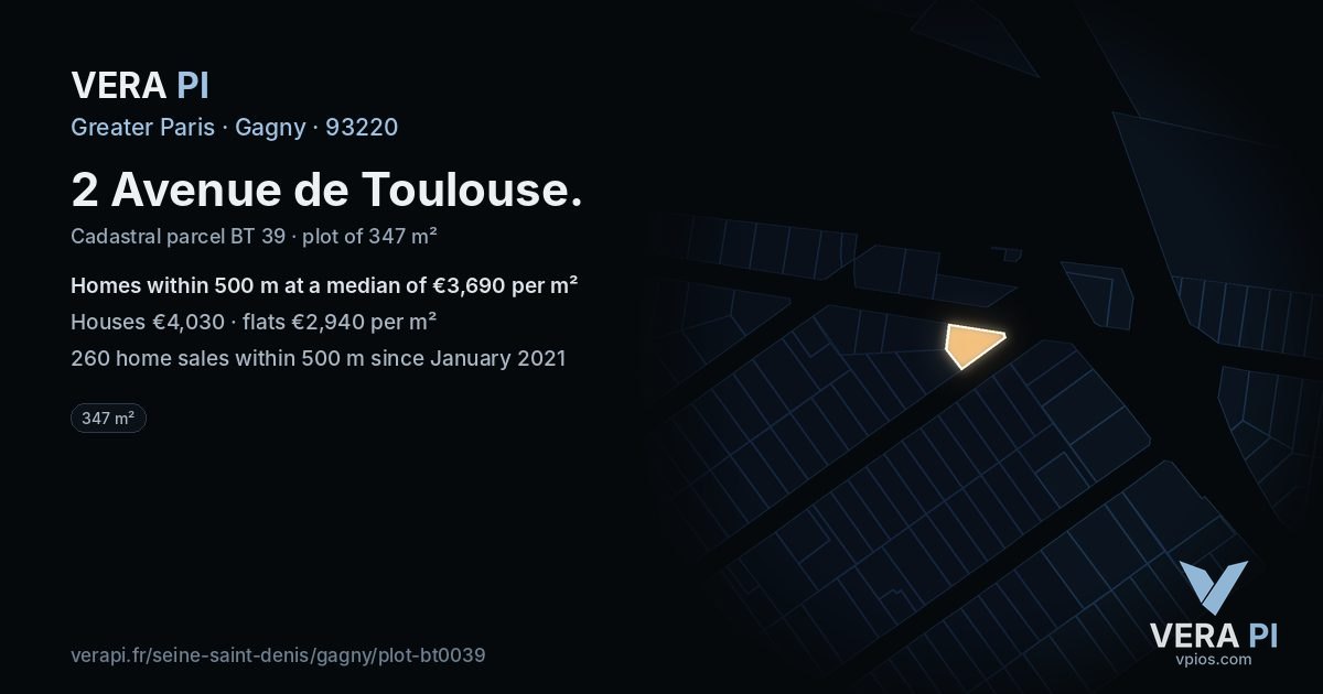 2 Avenue de Toulouse, Gagny at night – the plot lit, the parcels around coloured by the prices near them