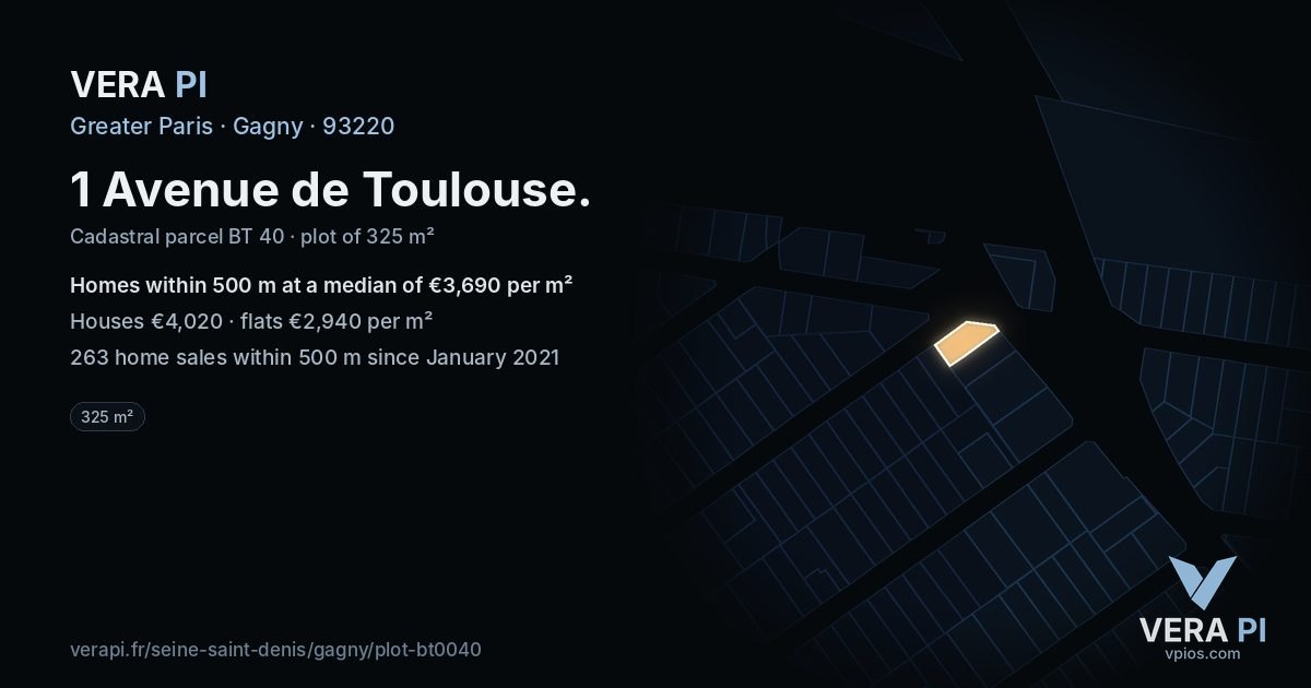 1 Avenue de Toulouse, Gagny at night – the plot lit, the parcels around coloured by the prices near them