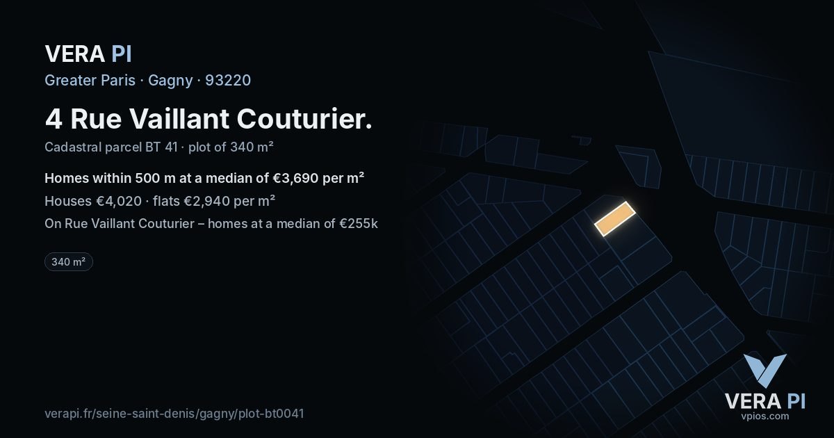 4 Rue Vaillant Couturier, Gagny at night – the plot lit, the parcels around coloured by the prices near them
