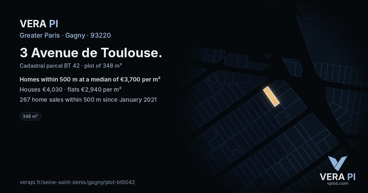 3 Avenue de Toulouse, Gagny at night – the plot lit, the parcels around coloured by the prices near them