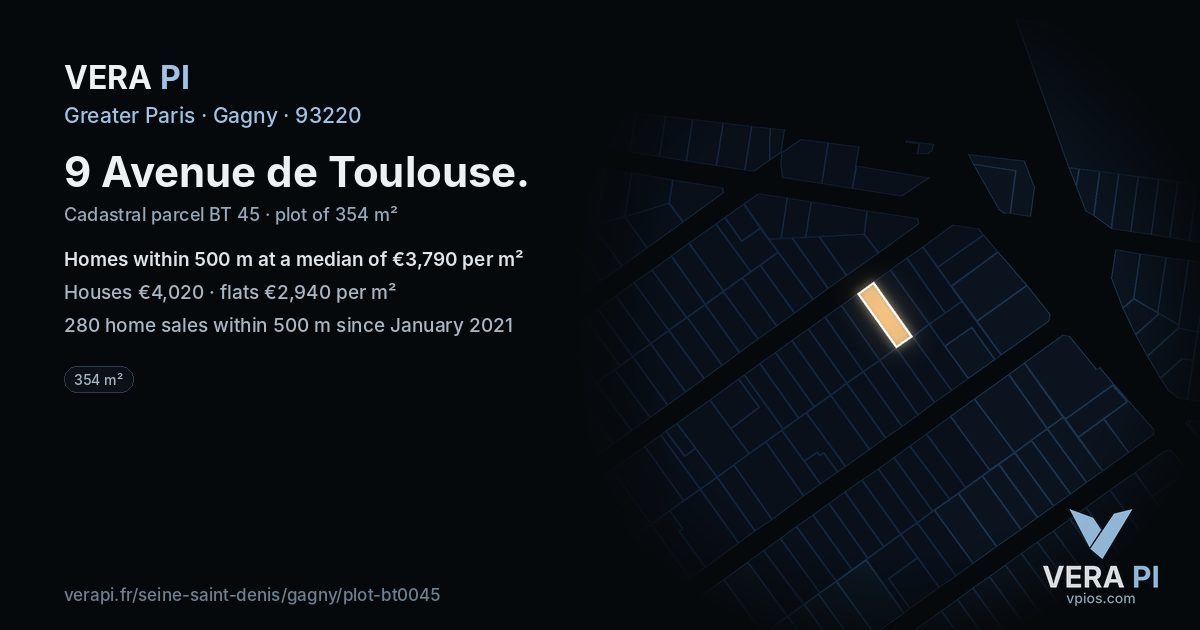 9 Avenue de Toulouse, Gagny at night – the plot lit, the parcels around coloured by the prices near them