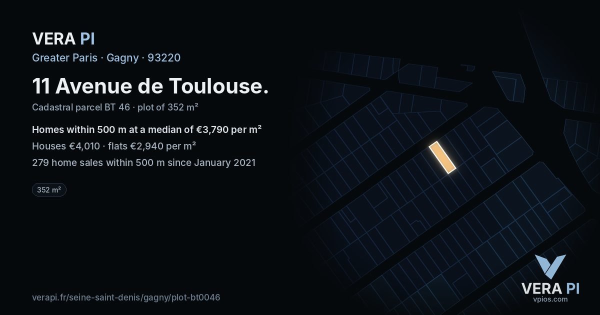 11 Avenue de Toulouse, Gagny at night – the plot lit, the parcels around coloured by the prices near them