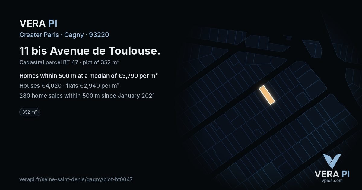 11 bis Avenue de Toulouse, Gagny at night – the plot lit, the parcels around coloured by the prices near them