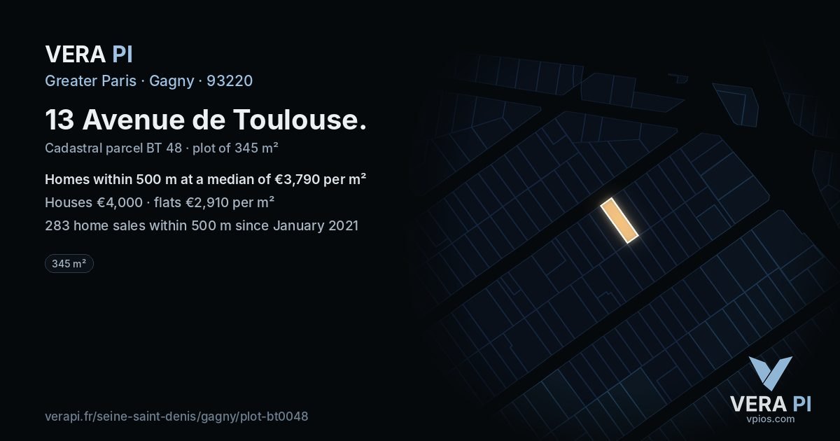 13 Avenue de Toulouse, Gagny at night – the plot lit, the parcels around coloured by the prices near them