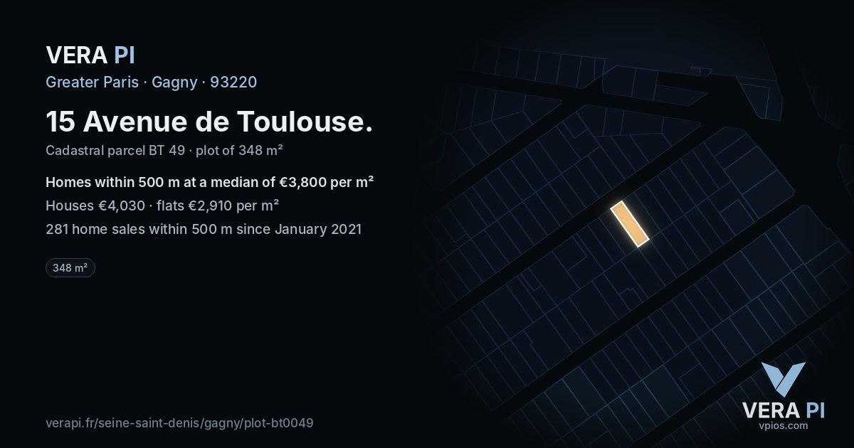 15 Avenue de Toulouse, Gagny at night – the plot lit, the parcels around coloured by the prices near them