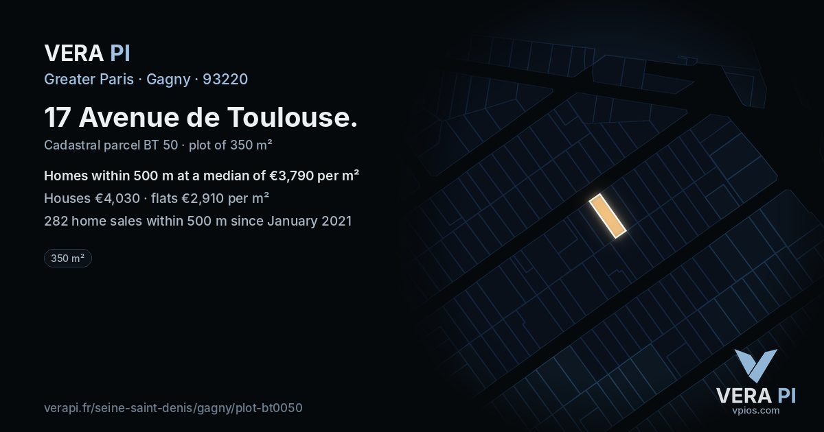 17 Avenue de Toulouse, Gagny at night – the plot lit, the parcels around coloured by the prices near them