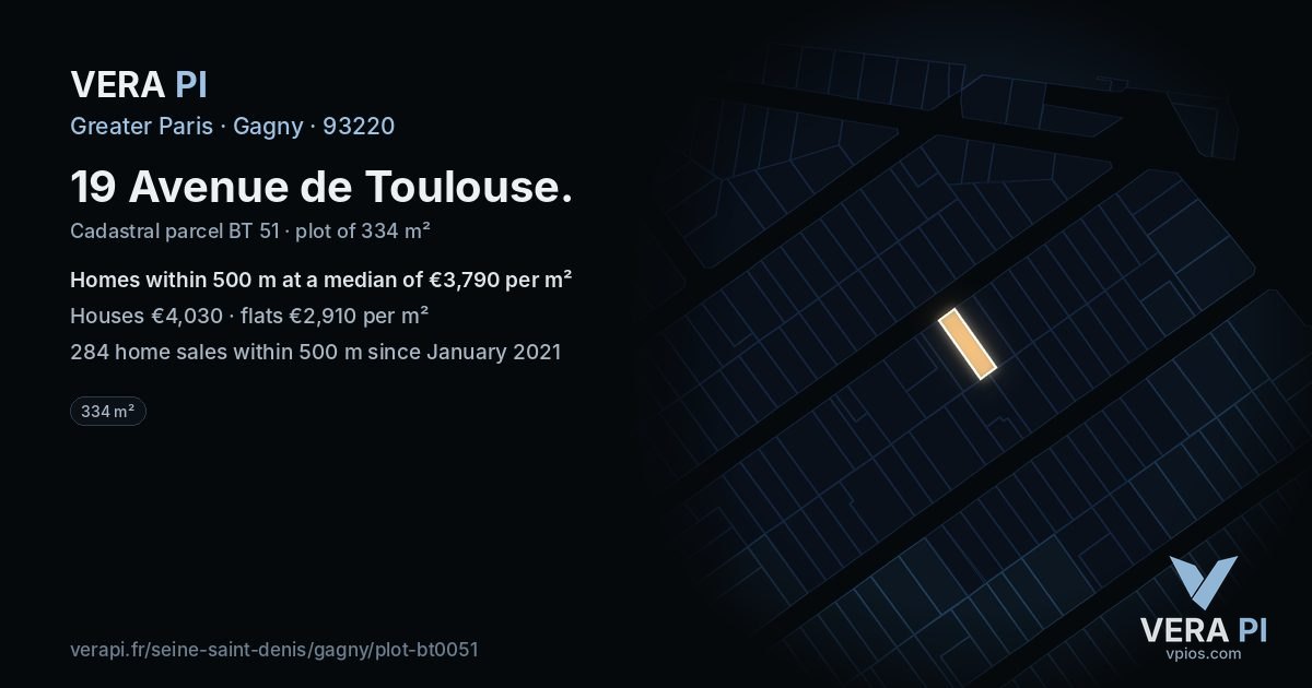 19 Avenue de Toulouse, Gagny at night – the plot lit, the parcels around coloured by the prices near them