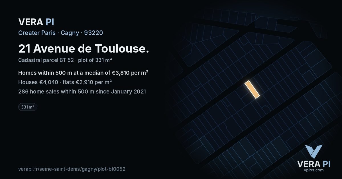 21 Avenue de Toulouse, Gagny at night – the plot lit, the parcels around coloured by the prices near them