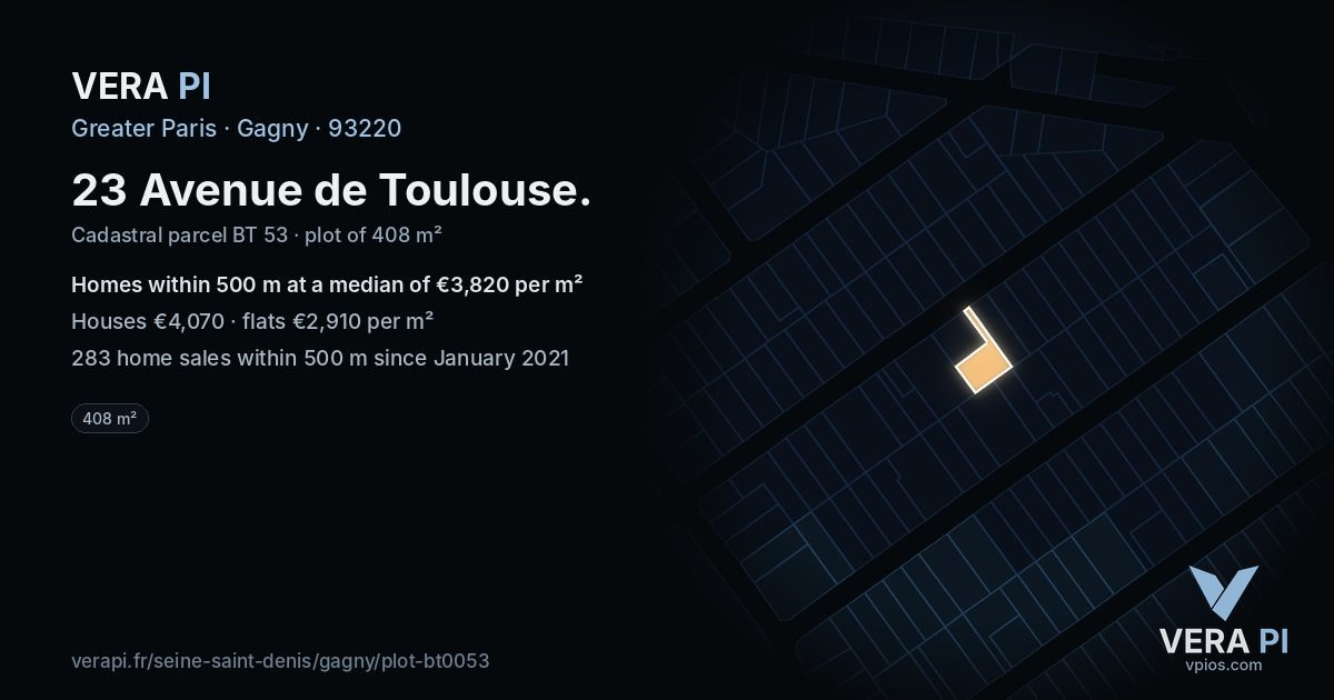23 Avenue de Toulouse, Gagny at night – the plot lit, the parcels around coloured by the prices near them
