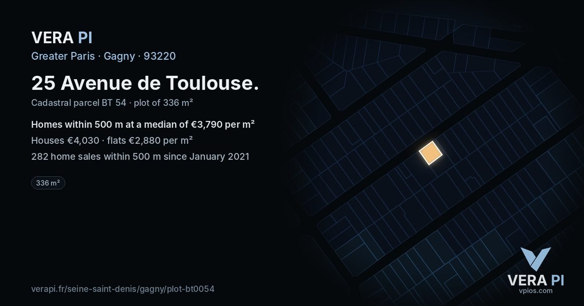 25 Avenue de Toulouse, Gagny at night – the plot lit, the parcels around coloured by the prices near them