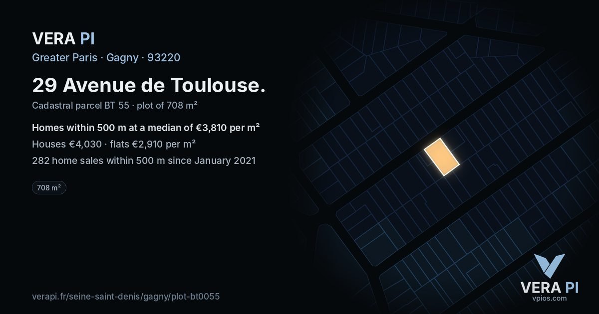29 Avenue de Toulouse, Gagny at night – the plot lit, the parcels around coloured by the prices near them