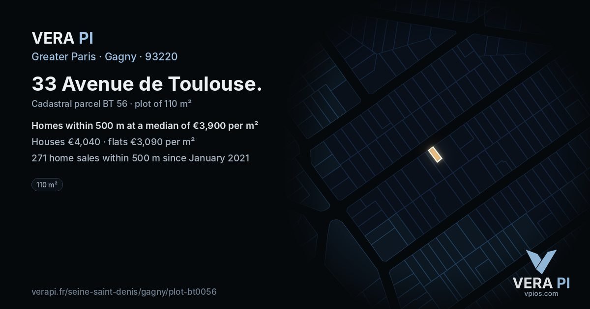 33 Avenue de Toulouse, Gagny at night – the plot lit, the parcels around coloured by the prices near them