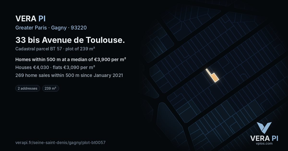 33 bis Avenue de Toulouse, Gagny at night – the plot lit, the parcels around coloured by the prices near them