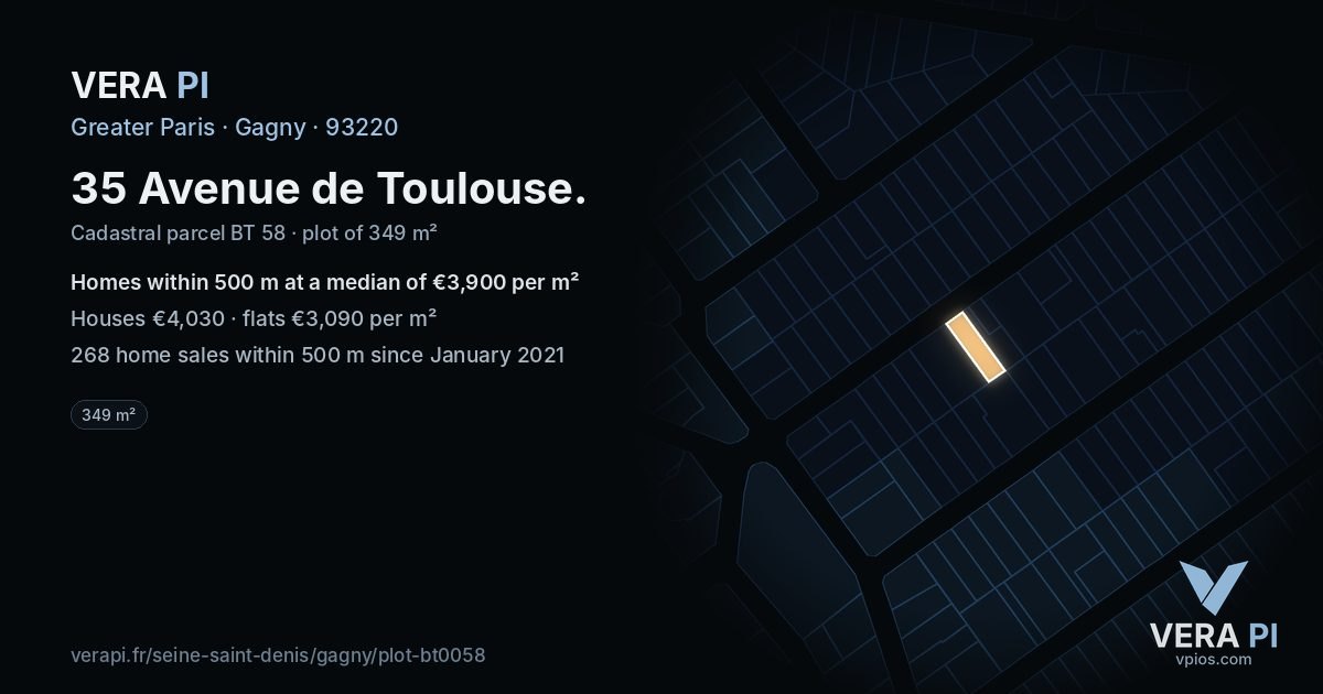 35 Avenue de Toulouse, Gagny at night – the plot lit, the parcels around coloured by the prices near them