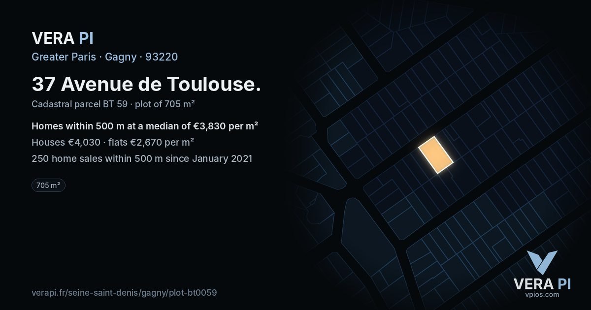 37 Avenue de Toulouse, Gagny at night – the plot lit, the parcels around coloured by the prices near them