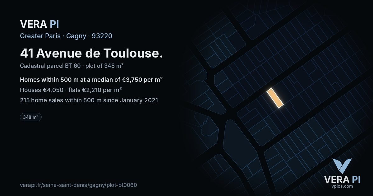 41 Avenue de Toulouse, Gagny at night – the plot lit, the parcels around coloured by the prices near them