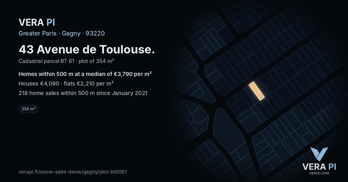 43 Avenue de Toulouse, Gagny at night – the plot lit, the parcels around coloured by the prices near them