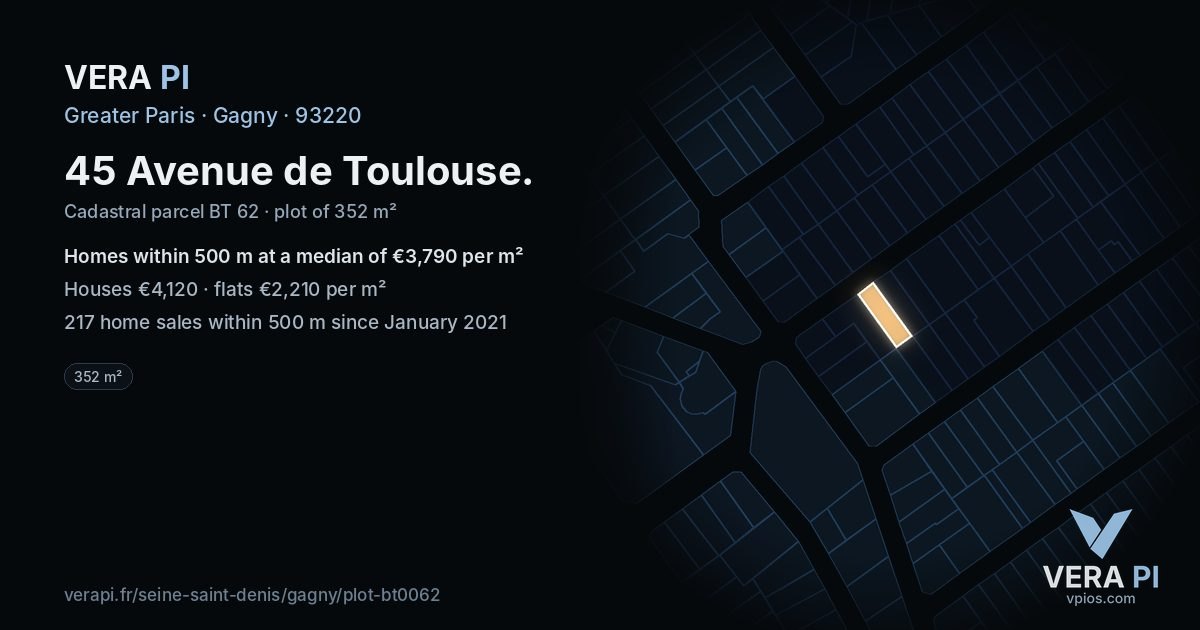 45 Avenue de Toulouse, Gagny at night – the plot lit, the parcels around coloured by the prices near them