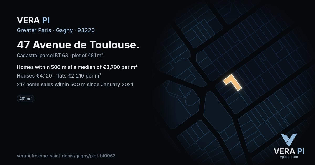 47 Avenue de Toulouse, Gagny at night – the plot lit, the parcels around coloured by the prices near them