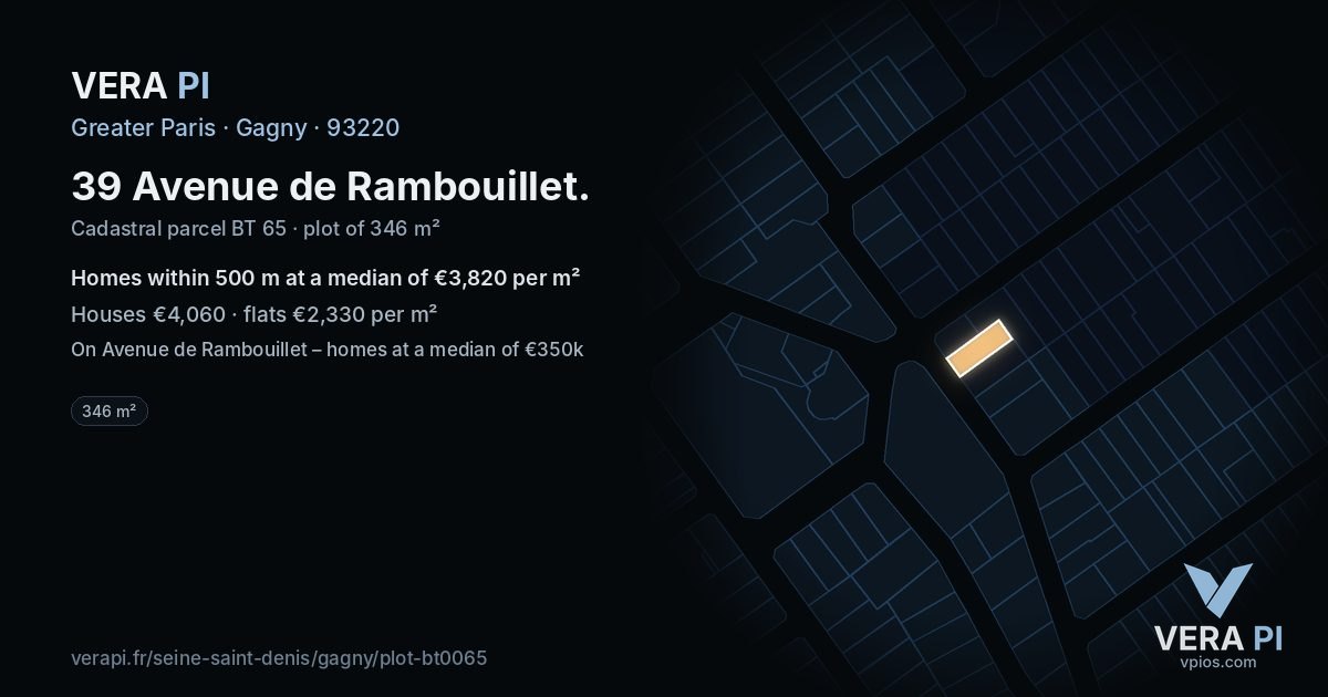39 Avenue de Rambouillet, Gagny at night – the plot lit, the parcels around coloured by the prices near them