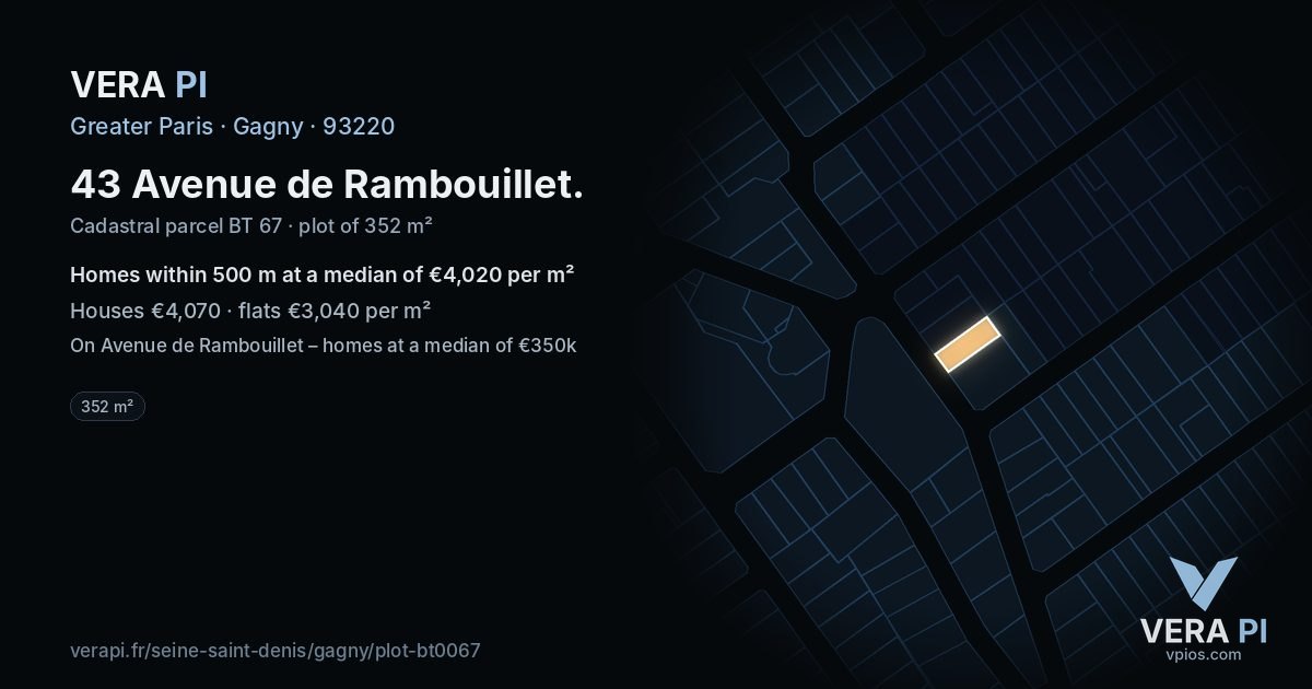 43 Avenue de Rambouillet, Gagny at night – the plot lit, the parcels around coloured by the prices near them