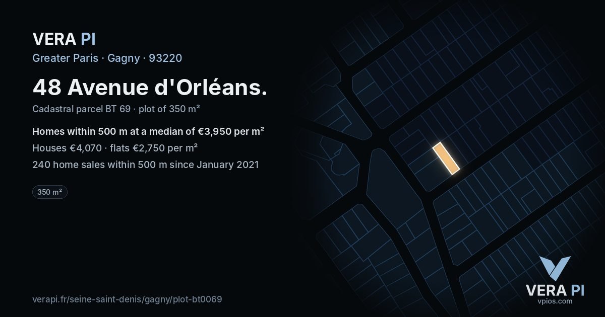 48 Avenue d'Orléans, Gagny at night – the plot lit, the parcels around coloured by the prices near them