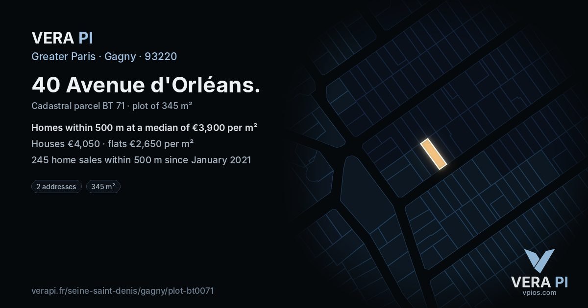 40 Avenue d'Orléans, Gagny at night – the plot lit, the parcels around coloured by the prices near them