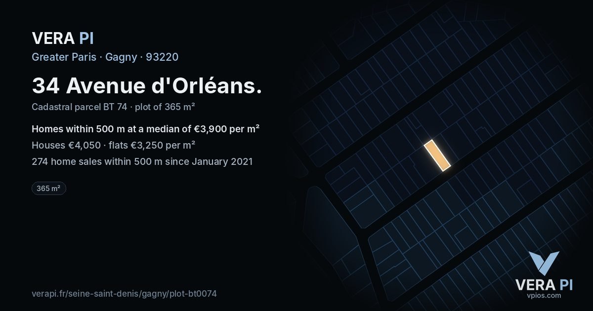 34 Avenue d'Orléans, Gagny at night – the plot lit, the parcels around coloured by the prices near them