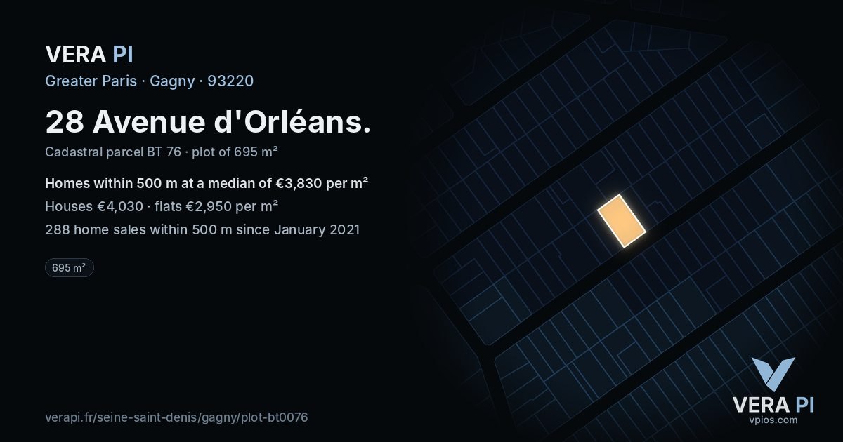 28 Avenue d'Orléans, Gagny at night – the plot lit, the parcels around coloured by the prices near them