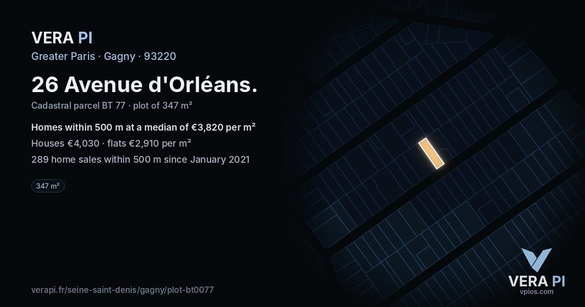 26 Avenue d'Orléans, Gagny at night – the plot lit, the parcels around coloured by the prices near them