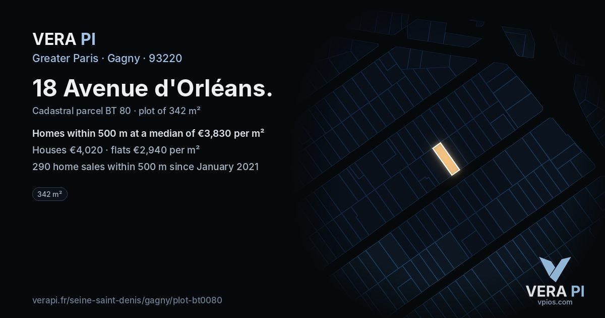 18 Avenue d'Orléans, Gagny at night – the plot lit, the parcels around coloured by the prices near them