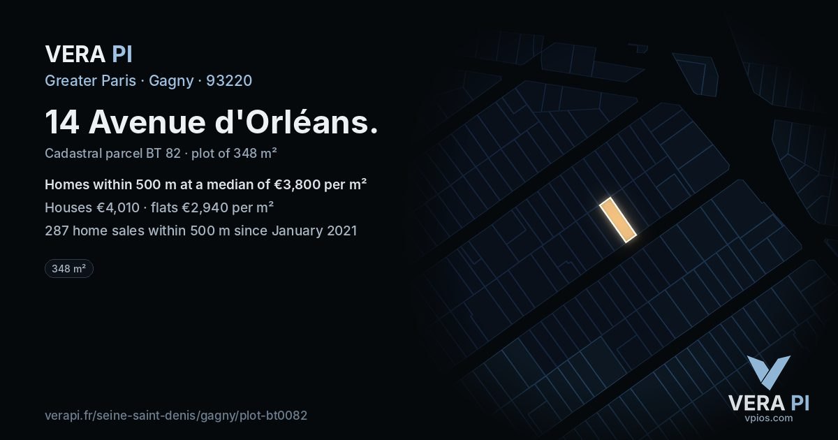 14 Avenue d'Orléans, Gagny at night – the plot lit, the parcels around coloured by the prices near them