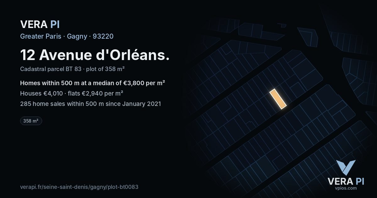 12 Avenue d'Orléans, Gagny at night – the plot lit, the parcels around coloured by the prices near them