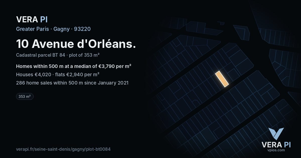 10 Avenue d'Orléans, Gagny at night – the plot lit, the parcels around coloured by the prices near them