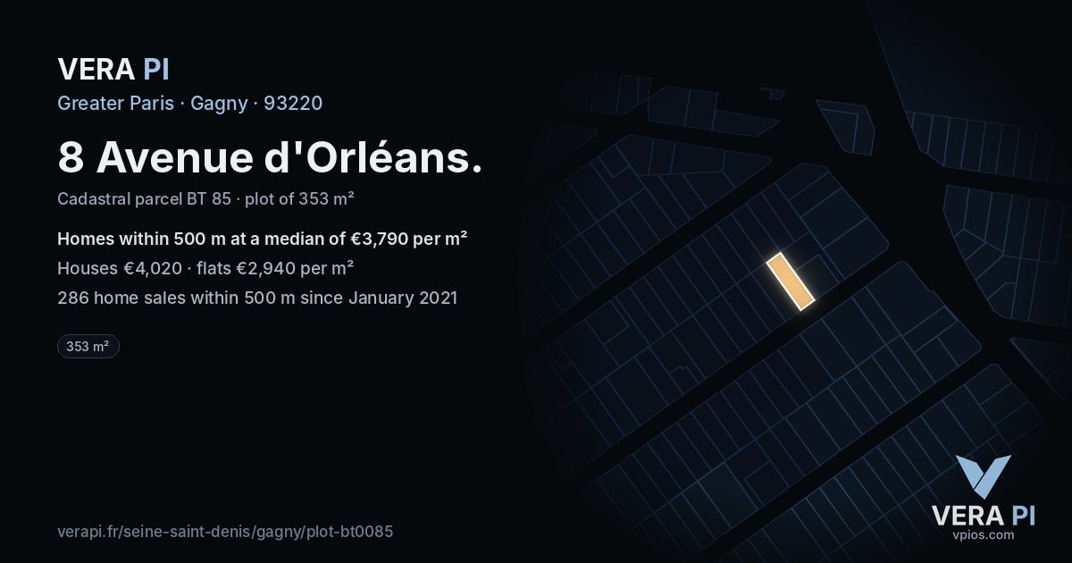 8 Avenue d'Orléans, Gagny at night – the plot lit, the parcels around coloured by the prices near them