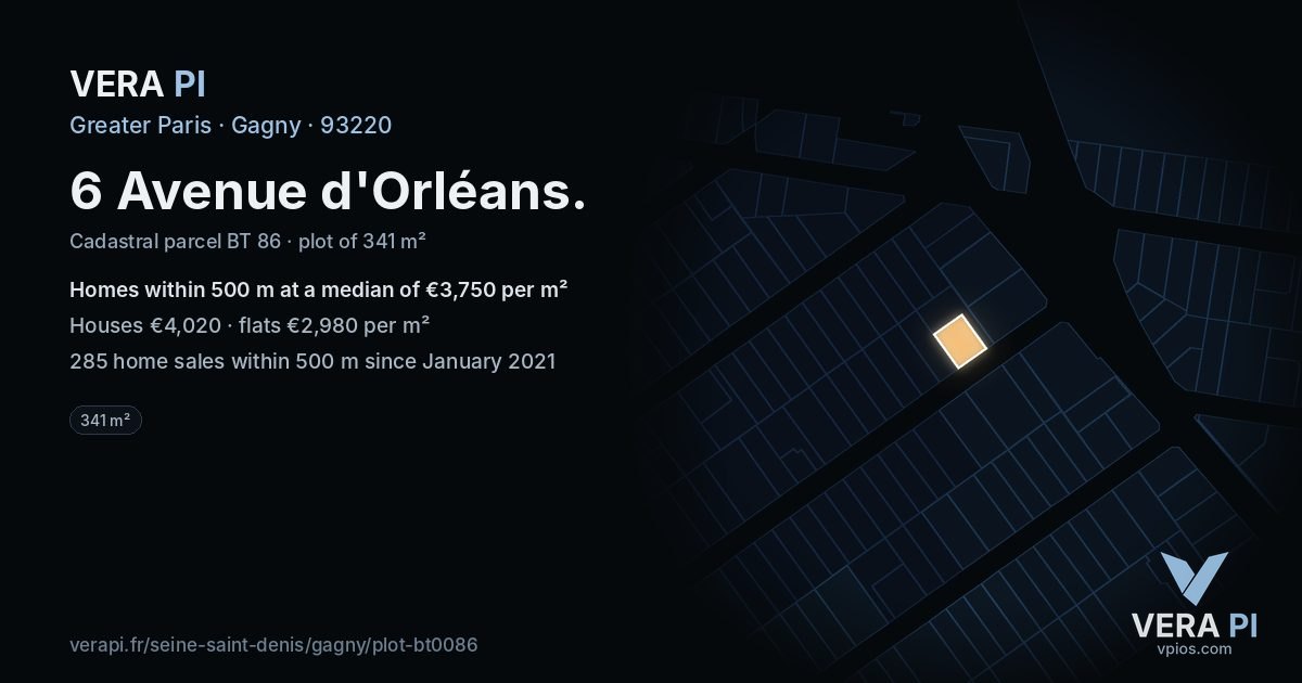 6 Avenue d'Orléans, Gagny at night – the plot lit, the parcels around coloured by the prices near them